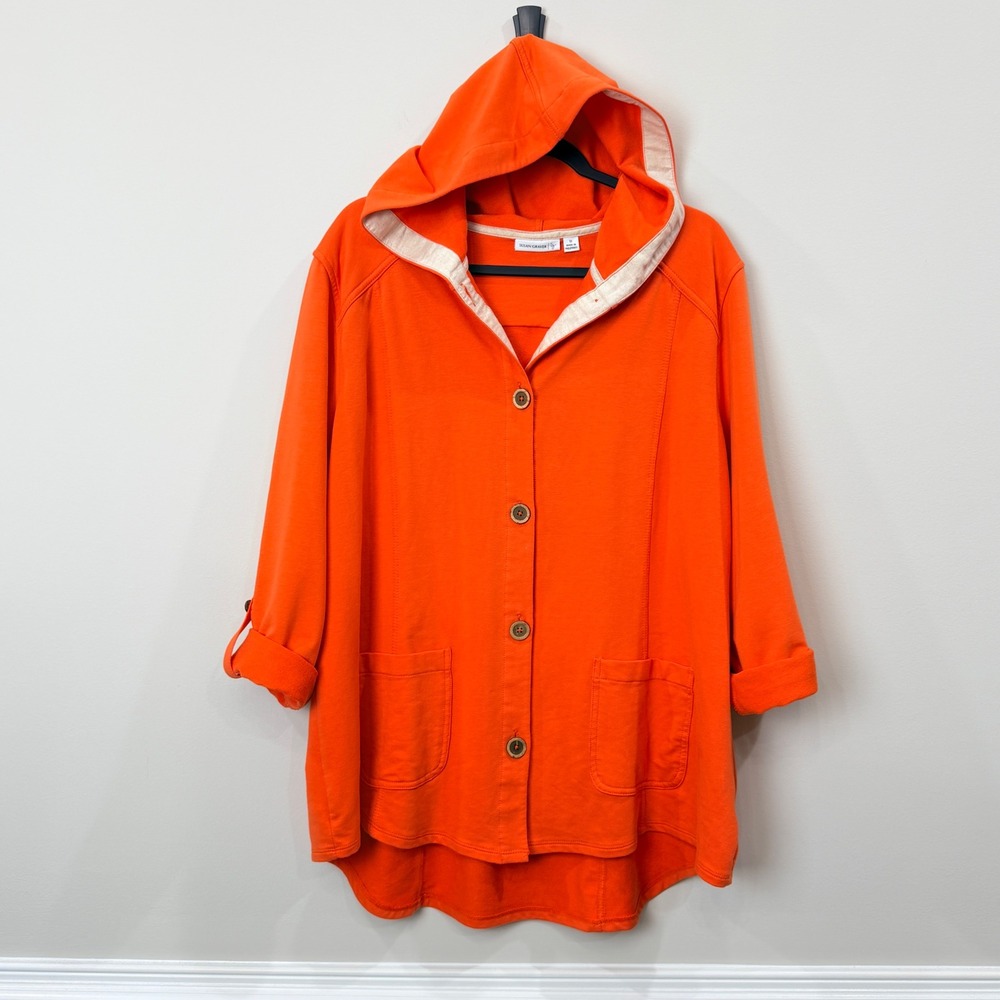 Susan Graver Women 1X Hoodie Cardigan Orange Button Front Roll Tab Lounge Fall
